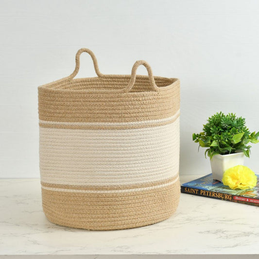 Thin Stripes 12" X 12" Beige & White Jute Basket