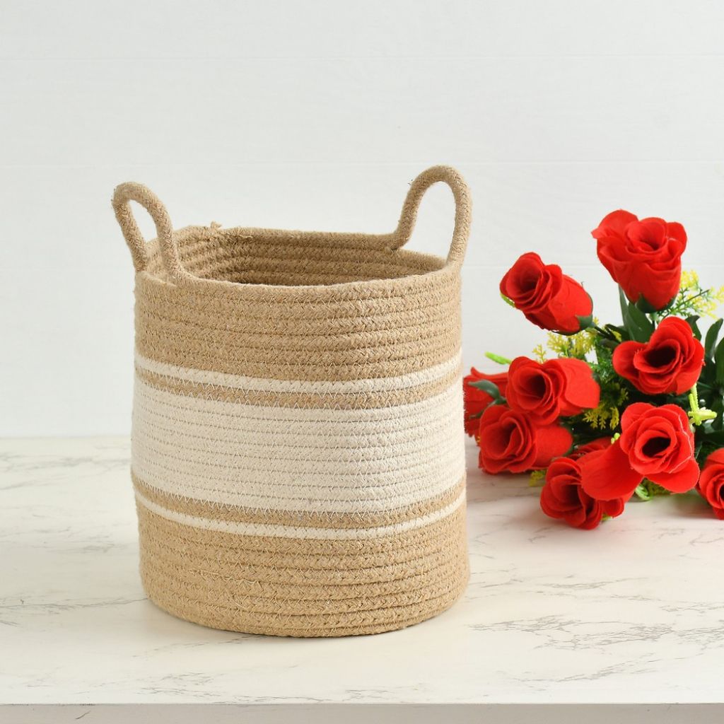 Small 8" x 8" Thin Stripes Beige & White Jute Basket