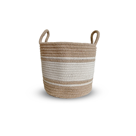 Small 8" x 8" Thin Stripes Beige & White Jute Basket